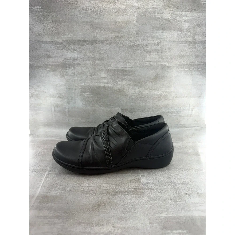 Clarks Collection Black Leather Pleated Braided Loafers Women Sz 8.5M